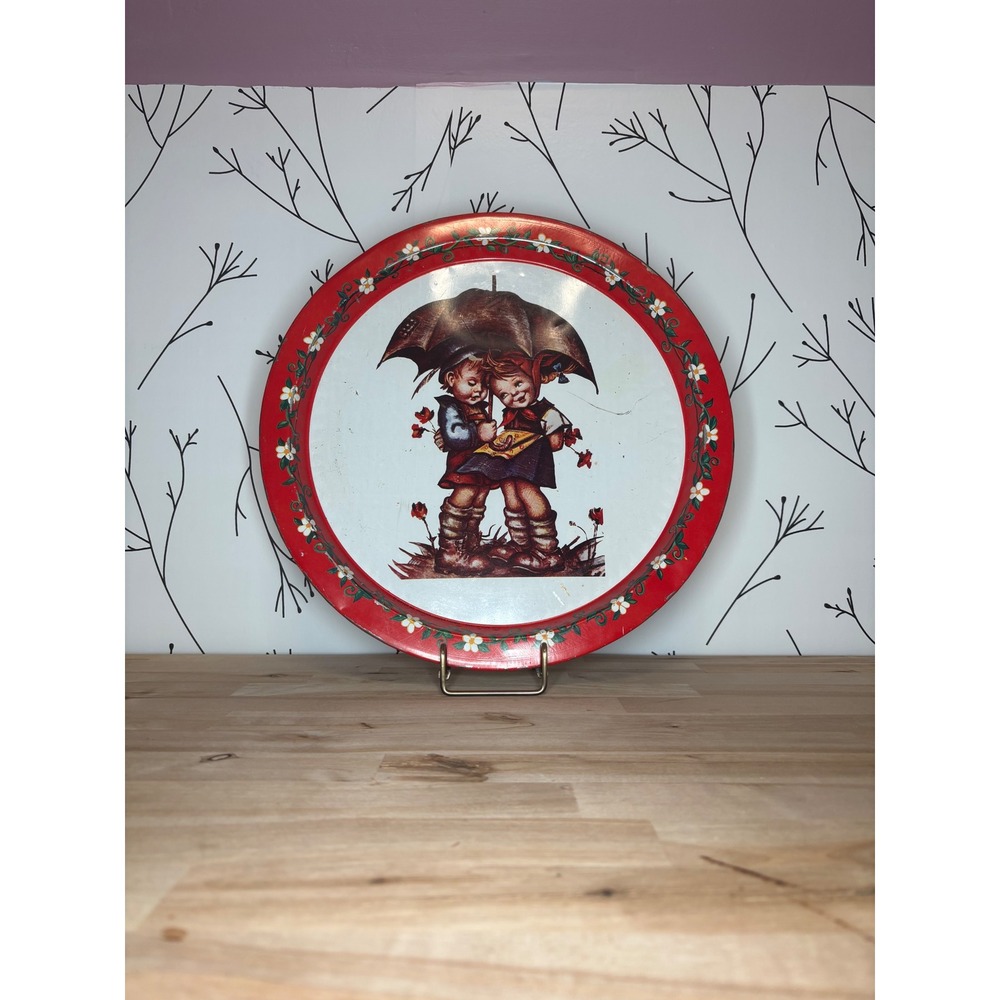 Vintage Giftco Hummel Style Metal Serving Tray Red Floral Boy Girl Umbrella 13in
